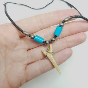 Vintage Tooth Necklace, Wire Wrap Blue Beads and Black Cord, Y2K 90s Style